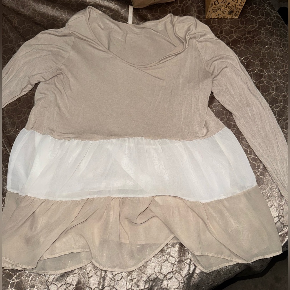 Beige and White Layered Long Sleeve Top